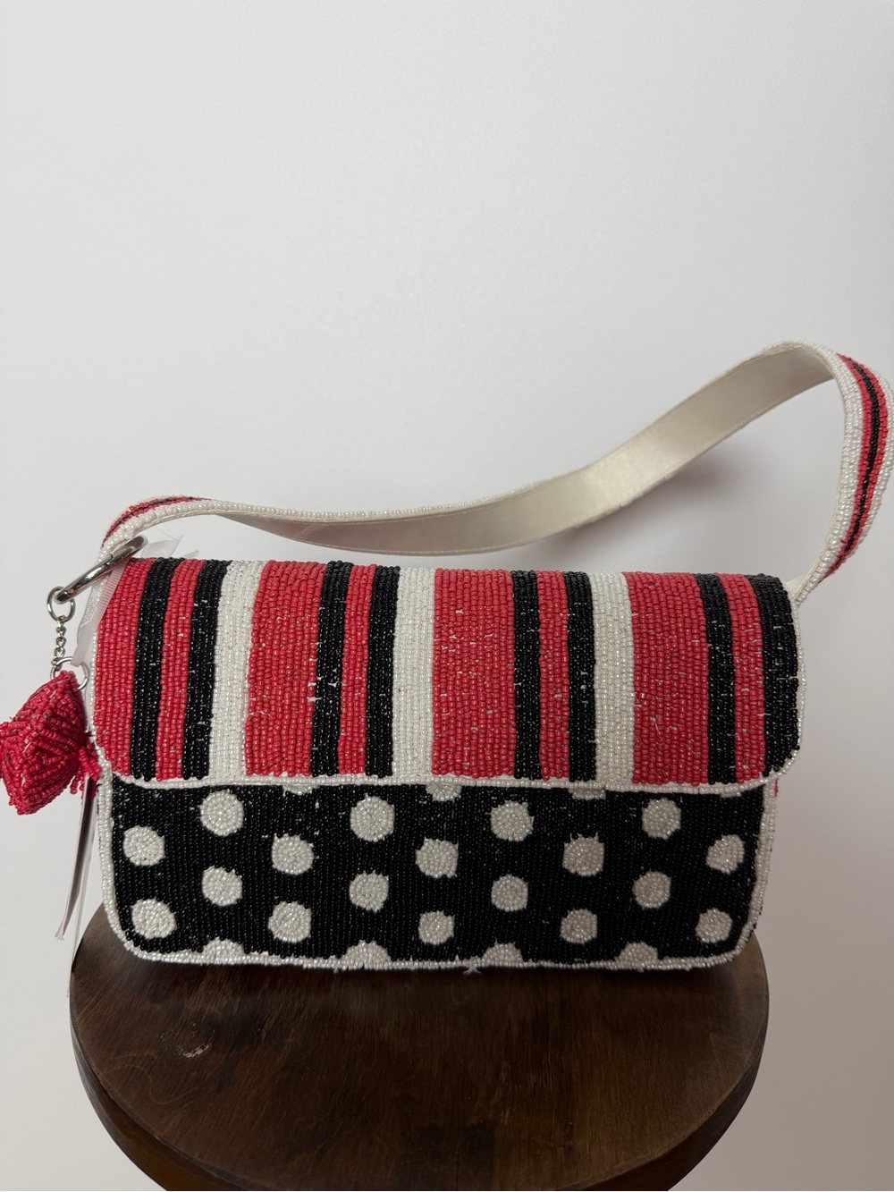Handcrafted in India Beaded Red & Black Polka Dot Shoulder Bag S NWT